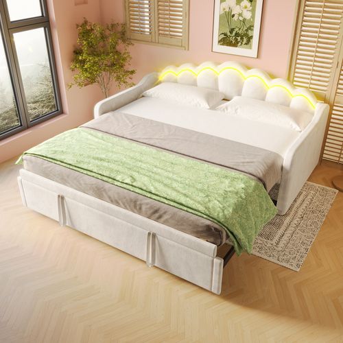 Lit Gigogne Enfant 90x200 Cm, Canapé-lit, Lit Double Avec LED Et Sommiers, Velours Beige