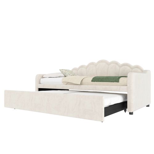 Lit Gigogne Enfant 90x200 Cm, Canapé-lit, Lit Double Avec LED Et Sommiers, Velours Beige
