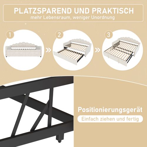 Lit Gigogne Enfant 90x200 Cm, Canapé-lit, Lit Double Avec LED Et Sommiers, Velours Beige