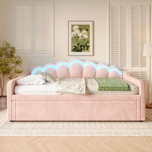 Lit Gigogne Enfant 90x200 Cm, Canapé-lit, Lit Double Avec LED Et Sommiers, Velours Rose