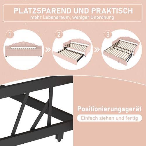 Lit Gigogne Enfant 90x200 Cm, Canapé-lit, Lit Double Avec LED Et Sommiers, Velours Rose