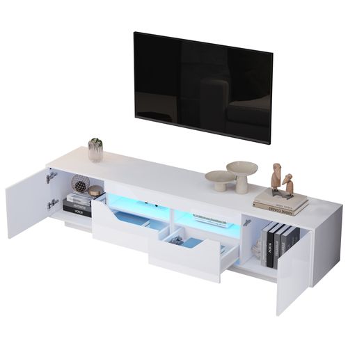 Meuble TV 180x40x45cm, Bas à Poser Avec 2 Tiroirs, LED, 2 Portes, Aggloméré, Blanc