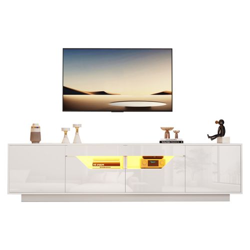 Meuble TV 180x40x45cm, Bas à Poser Avec 2 Tiroirs, LED, 2 Portes, Aggloméré, Blanc