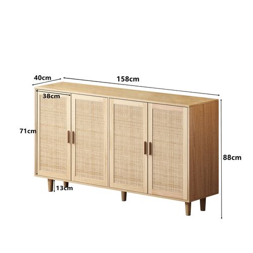 Buffet 158x40x88 Cm Avec 4 Portes, Meuble De Rangement Décoratif En Rotin, Aggloméré, Couleur Bois