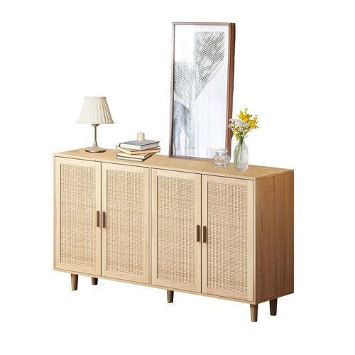 Buffet 158x40x88 Cm Avec 4 Portes, Meuble De Rangement Décoratif En Rotin, Aggloméré, Couleur Bois