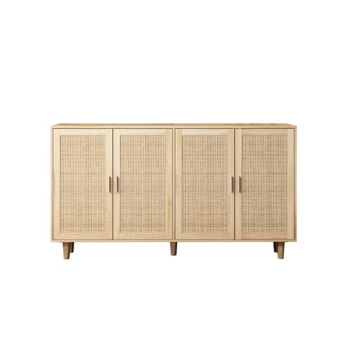 Buffet 158x40x88 Cm Avec 4 Portes, Meuble De Rangement Décoratif En Rotin, Aggloméré, Couleur Bois