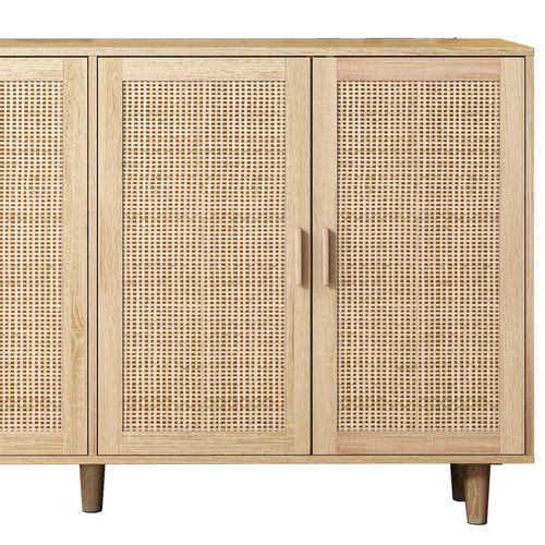 Buffet 158x40x88 Cm Avec 4 Portes, Meuble De Rangement Décoratif En Rotin, Aggloméré, Couleur Bois