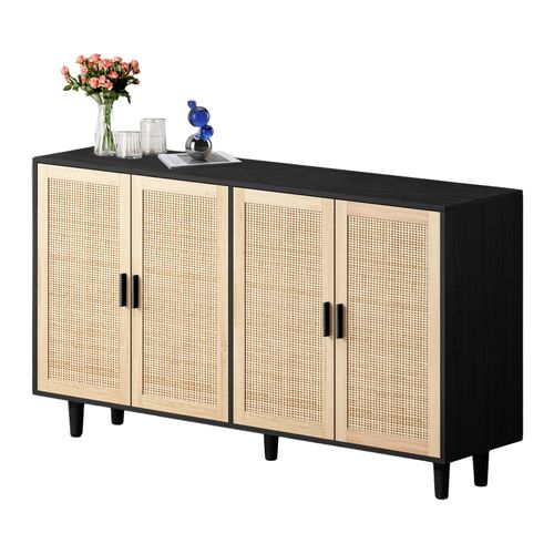 Buffet 158x40x88 Cm Avec 4 Portes, Meuble De Rangement En Rotin PE, Aggloméré, Couleur bois+Noir