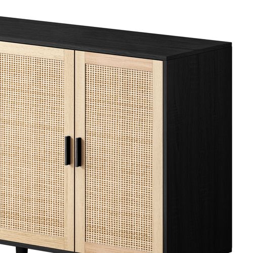 Buffet 158x40x88 Cm Avec 4 Portes, Meuble De Rangement En Rotin PE, Aggloméré, Couleur bois+Noir
