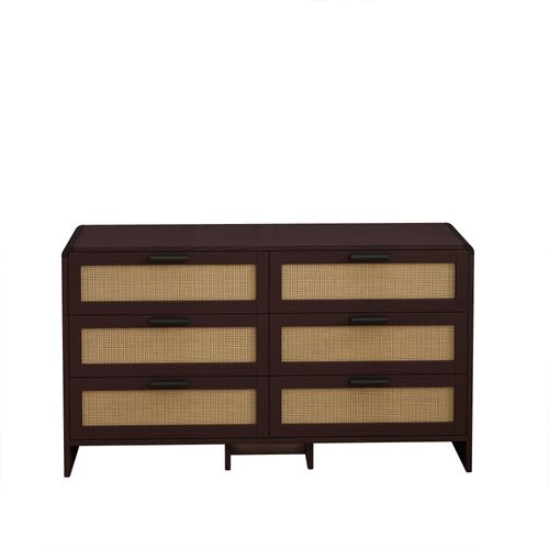 Commode 130x40x74 Cm Avec 6 Tiroirs, Design Décoratif En Rotin, Aggloméré, Couleur Bois+marron