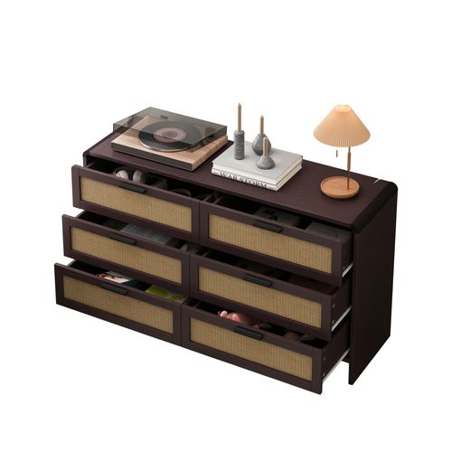 Commode 130x40x74 Cm Avec 6 Tiroirs, Design Décoratif En Rotin, Aggloméré, Couleur Bois+marron