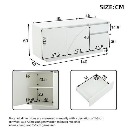 Buffet 140x40x60cm Avec 1 Tiroir, LED, Étagère Réglable, 3 Portes, Mdf, Blanc