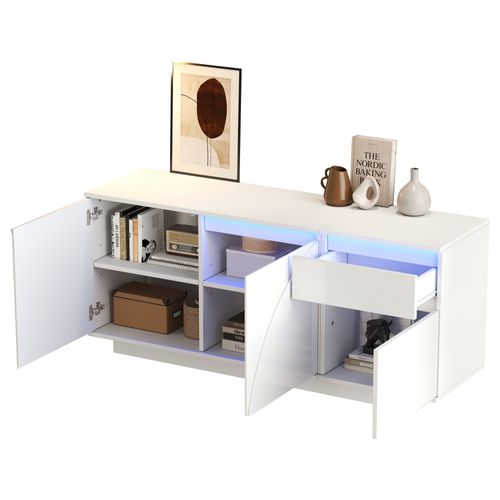 Buffet 140x40x60cm Avec 1 Tiroir, LED, Étagère Réglable, 3 Portes, Mdf, Blanc
