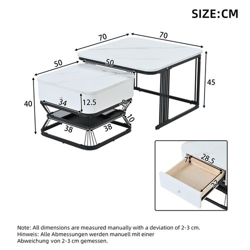 Table Gigogne 70x70x45cm + 50x50x40cm Avec Motif De Marbre En Mdf, 1 Tiroir, Couleur Blanc+noir