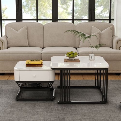 Table Gigogne 70x70x45cm + 50x50x40cm Avec Motif De Marbre En Mdf, 1 Tiroir, Couleur Blanc+noir