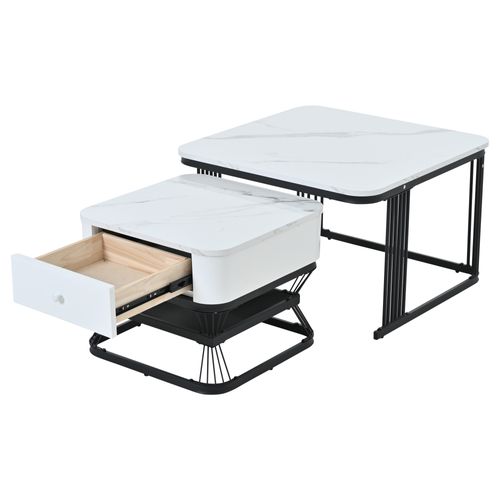 Table Gigogne 70x70x45cm + 50x50x40cm Avec Motif De Marbre En Mdf, 1 Tiroir, Couleur Blanc+noir