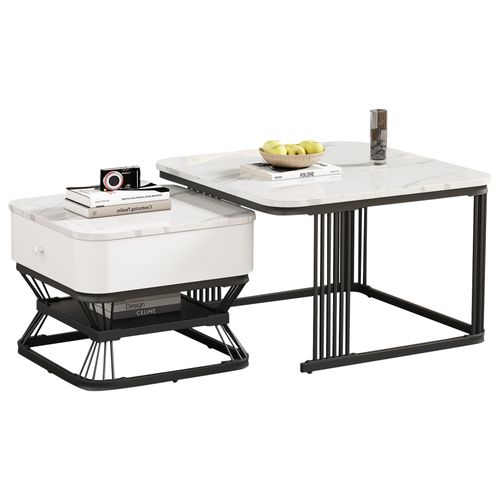 Table Gigogne 70x70x45cm + 50x50x40cm Avec Motif De Marbre En Mdf, 1 Tiroir, Couleur Blanc+noir