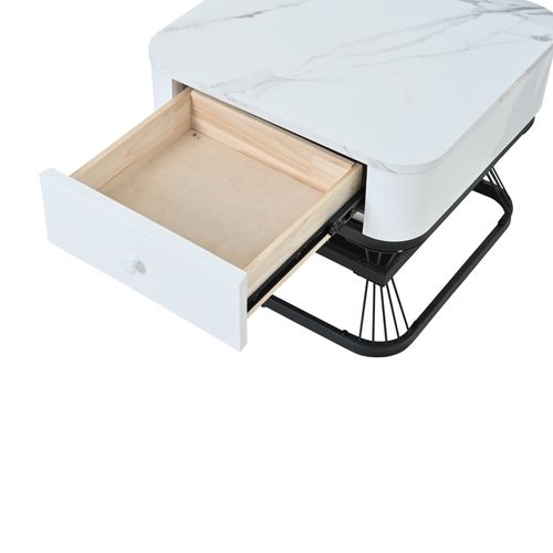 Table Gigogne 70x70x45cm + 50x50x40cm Avec Motif De Marbre En Mdf, 1 Tiroir, Couleur Blanc+noir
