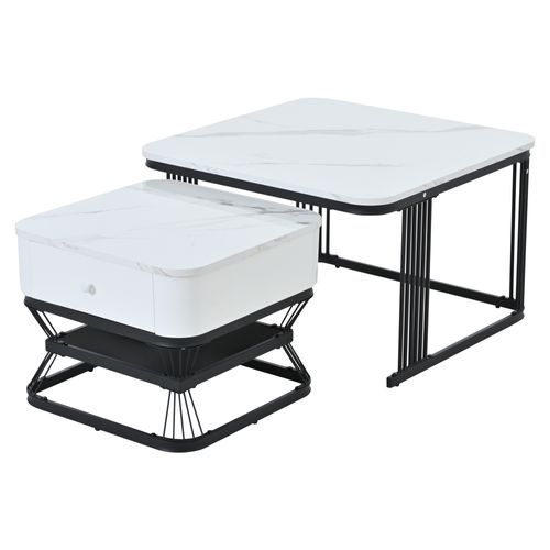 Table Gigogne 70x70x45cm + 50x50x40cm Avec Motif De Marbre En Mdf, 1 Tiroir, Couleur Blanc+noir