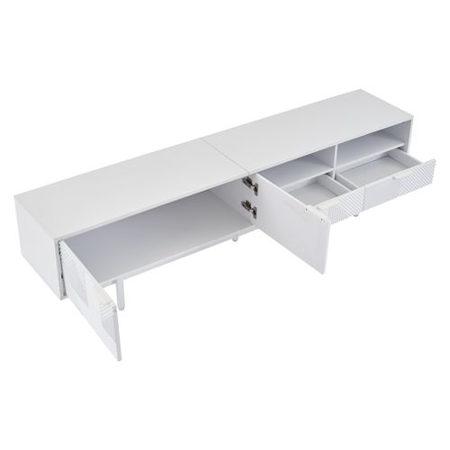Meuble TV 200x40x51cm, Bas à Poser Avec 2 Tiroirs, 2 Rangements Ouverts, 2 Portes, Aggloméré, Blanc