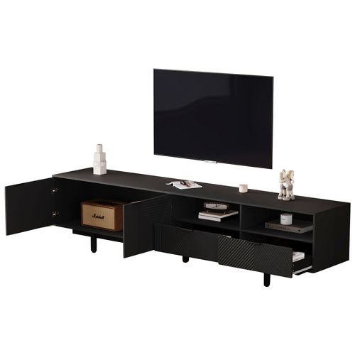 Meuble TV 200x40x51cm, Bas à Poser Avec 2 Tiroirs, 2 Rangements Ouverts, 2 Portes, Aggloméré, Noir