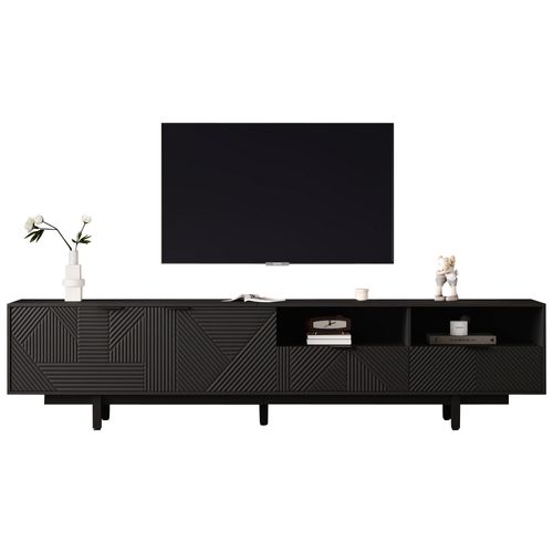 Meuble TV 200x40x51cm, Bas à Poser Avec 2 Tiroirs, 2 Rangements Ouverts, 2 Portes, Aggloméré, Noir