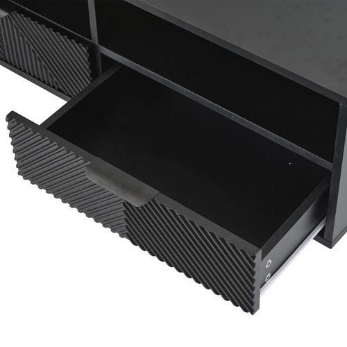 Meuble TV 200x40x51cm, Bas à Poser Avec 2 Tiroirs, 2 Rangements Ouverts, 2 Portes, Aggloméré, Noir