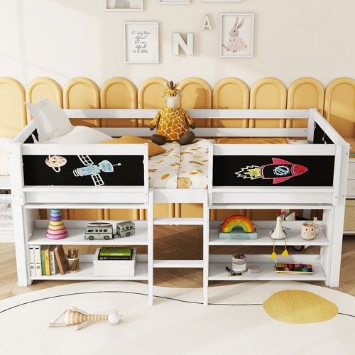 Lit Mi-haut Enfant 90x200 Cm, Rangement, Garde-corps, Échelle, Planche D'art, Sommier, Pin Blanc