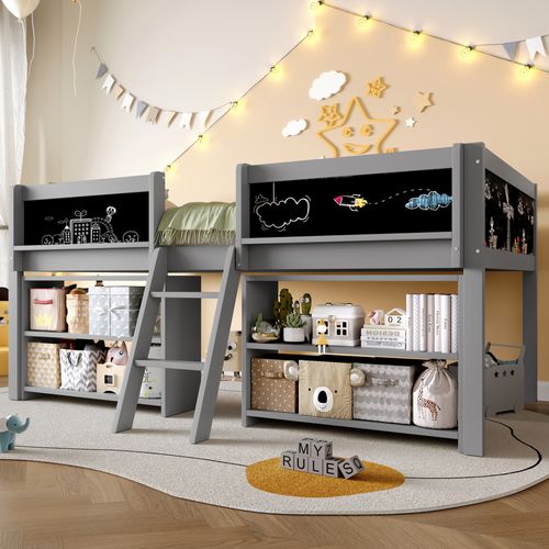 Lit Mi-haut Enfant 90x200 Cm, Rangement, Garde-corps, Échelle, Planche D'art, Sommier, Pin Gris