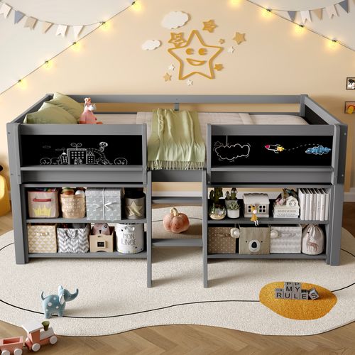 Lit Mi-haut Enfant 90x200 Cm, Rangement, Garde-corps, Échelle, Planche D'art, Sommier, Pin Gris