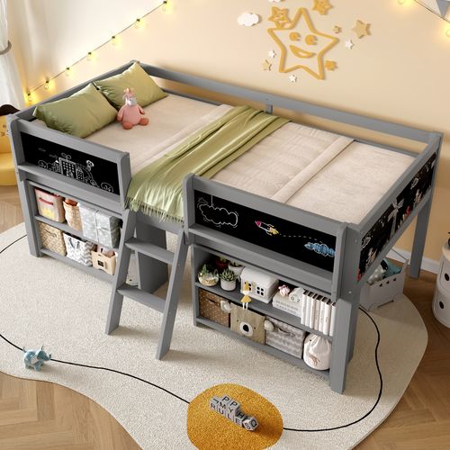 Lit Mi-haut Enfant 90x200 Cm, Rangement, Garde-corps, Échelle, Planche D'art, Sommier, Pin Gris