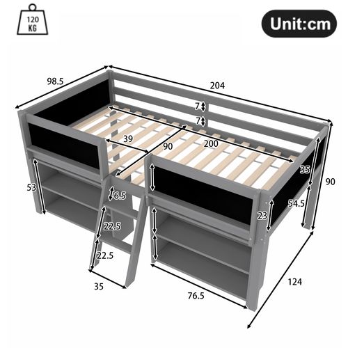Lit Mi-haut Enfant 90x200 Cm, Rangement, Garde-corps, Échelle, Planche D'art, Sommier, Pin Gris