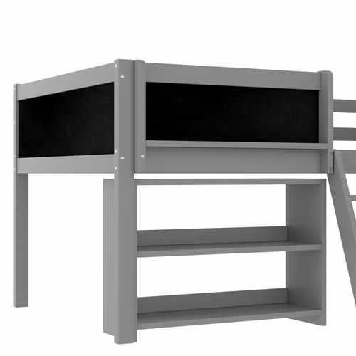 Lit Mi-haut Enfant 90x200 Cm, Rangement, Garde-corps, Échelle, Planche D'art, Sommier, Pin Gris