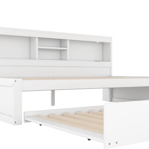 Lit Gigogne Enfant 90x200 cm+90x190 cm, led, Rangement Chevet, Sommiers, Aggloméré, Blanc