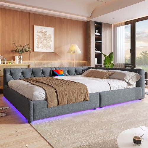 Lit Adulte 140x200 Cm, Canapé-lit, Lit Double Avec USB Type-c, Sommier, Lin+mdf, Gris