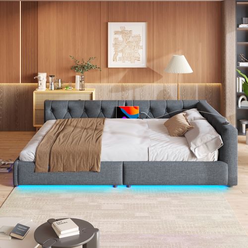 Lit Adulte 140x200 Cm, Canapé-lit, Lit Double Avec USB Type-c, Sommier, Lin+mdf, Gris