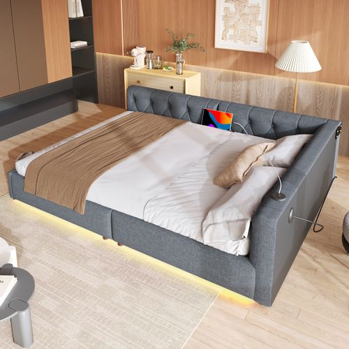 Lit Adulte 140x200 Cm, Canapé-lit, Lit Double Avec USB Type-c, Sommier, Lin+mdf, Gris