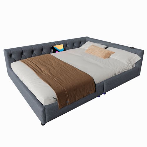 Lit Adulte 140x200 Cm, Canapé-lit, Lit Double Avec USB Type-c, Sommier, Lin+mdf, Gris