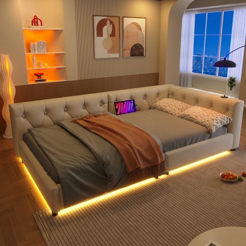 Lit Enfant 90x200 Cm, Canapé-lit, Lit Simple Avec USB Type-c, Sommier, Lin+mdf, Beige