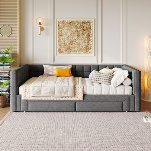 Lit Gigogne Enfant 90x200 Cm, Canapé-lit, Lit Double Avec 2 Tiroirs Et Sommiers, Velours, Gris