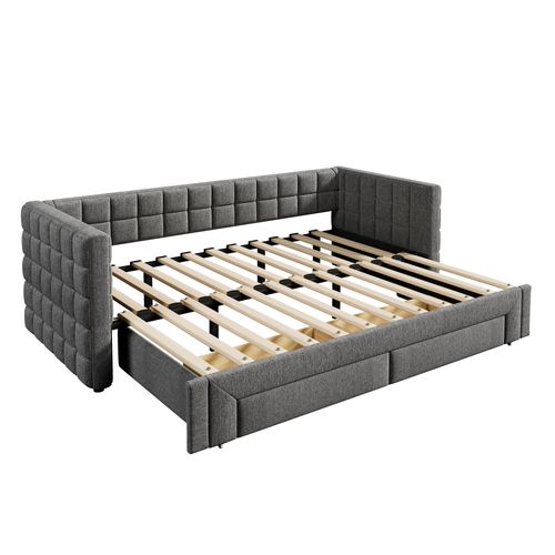 Lit Gigogne Enfant 90x200 Cm, Canapé-lit, Lit Double Avec 2 Tiroirs Et Sommiers, Velours, Gris