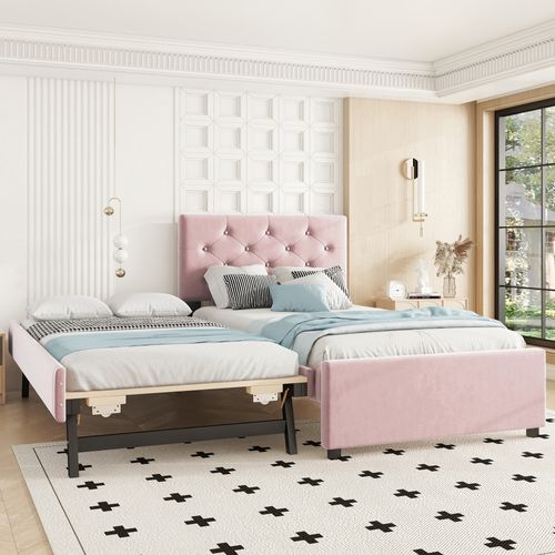 Lit Gigogne Enfant 90x200 Cm+90x190 Cm, Lit Double Avec Tête De Lit Et Sommiers, Velours, Rose