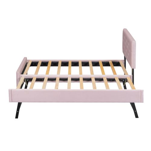 Lit Gigogne Enfant 90x200 Cm+90x190 Cm, Lit Double Avec Tête De Lit Et Sommiers, Velours, Rose