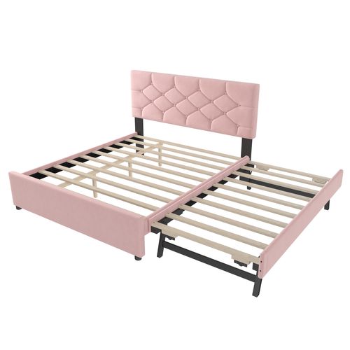 Lit Gigogne Enfant 140x200 Cm+ 90x190 Cm, Tête De Lit Et Sommiers, Design à Boutons, Velours Rose