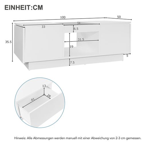 Table Basse 100 X 50 X 35,5 Cm Avec LED, Panneau En Verre, 2 Tiroirs, Aggloméré Blanc