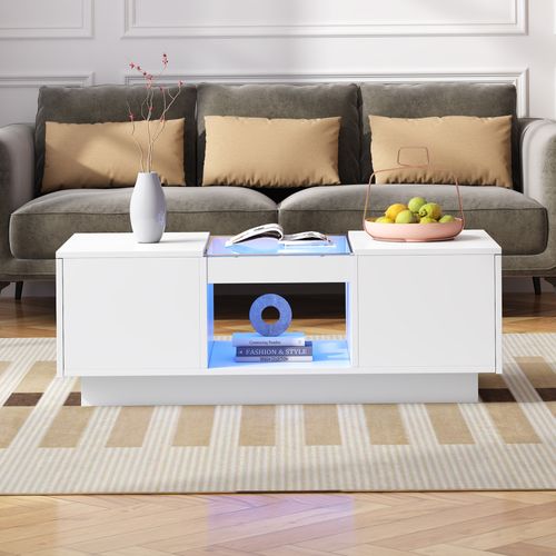 Table Basse 100 X 50 X 35,5 Cm Avec LED, Panneau En Verre, 2 Tiroirs, Aggloméré Blanc