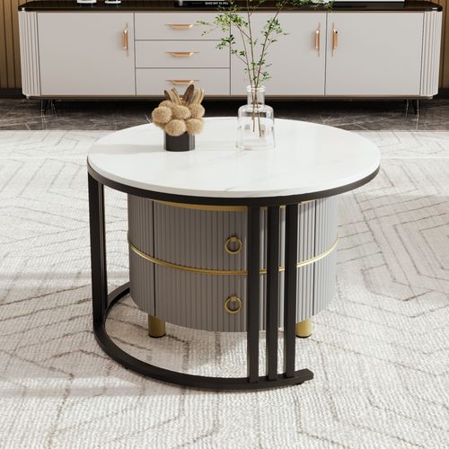 Lot De 2 Table Basse, Table Ronde, 2 Tiroirs, Plastique, Motif Marbre, Mdf, Gris+blanc+noir