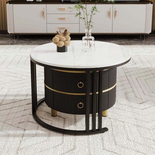Lot De 2 Table Basse, Table Ronde, 2 Tiroirs, Plastique, Motif Marbre, Mdf, Noir+blanc
