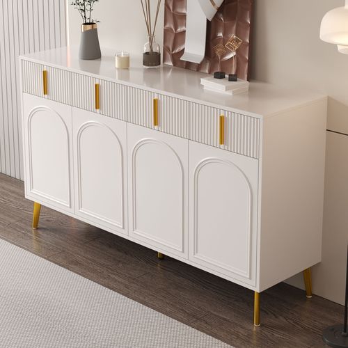 Buffet Bas 140x38x82cm, 4 Portes, 4 Tiroirs, Moderne, Étagères Ajustables, Mdf, Blanc