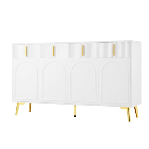 Buffet Bas 140x38x82cm, 4 Portes, 4 Tiroirs, Moderne, Étagères Ajustables, Mdf, Blanc